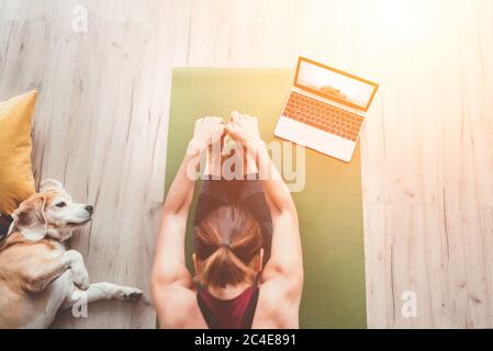 Top view at fit sporty healthy woman sit on mat in Paschimottanasana pose, doing breathing exercises, watching online yoga class on laptop computer. H Stock Photo
