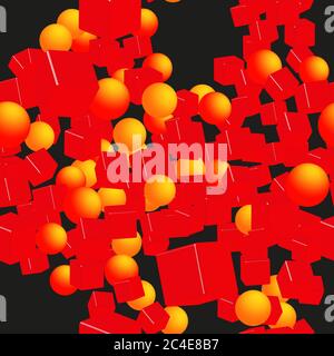Golden Red Balls Cubes Seamless Pattern, 3D Illustration Stock Vector