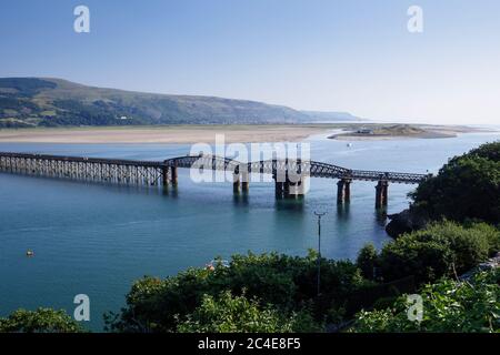 Barmouth Bridge on the Mawddach Estuary Barmouth Gwynedd Wales Stock Photo