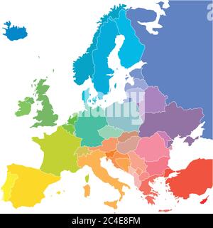 Map of Europe in colors of rainbow spectrum. With European countries names. Stock Vector