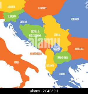 Political map of Balkans - States of Balkan Peninsula. Colorful vector illustration. Stock Vector