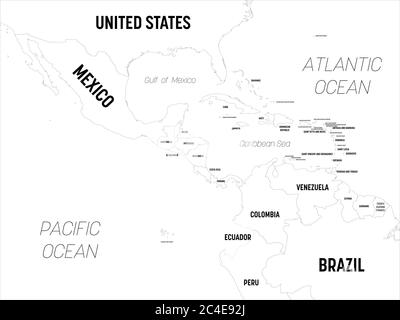 Central America map. High detailed political map Central American and Caribbean region with country, capital, ocean and sea names labeling. Stock Vector