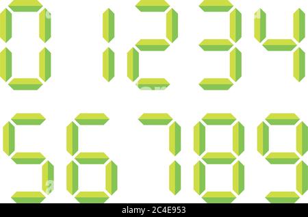 Green 3D-like digital numbers. Seven-segment display is used in calculators, digital clocks or electronic meters. Vector illustration. Stock Vector