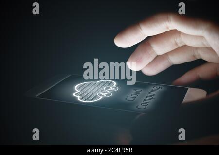 Cloud computing concept, Man using smartphone with virsual screen. Stock Photo