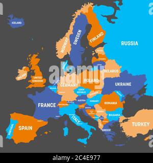 Political map of Europe continent in four colors with white country name labels. Vector illustration. Stock Vector