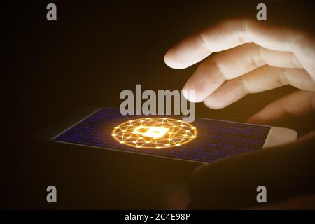Cyber security concept, woman hand using and protection network with virtual screens on smartphone. Stock Photo