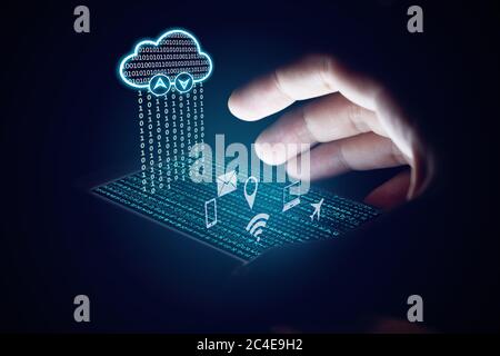 Cloud computing concept, Woman using smartphone and protection with virsual screen. Stock Photo