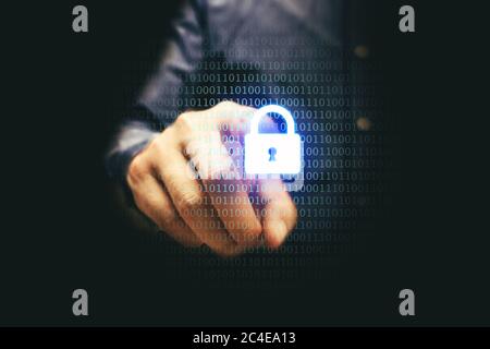 Businessman pressing lock icon with binary, cyber security concept. Stock Photo