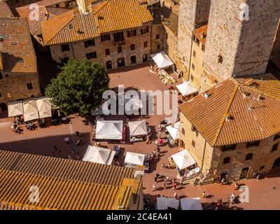 Aerial view of Torri dei Salvucci (Twin Towers of Torri Gemelle) San Gimignano, Tuscany, Italy. Stock Photo