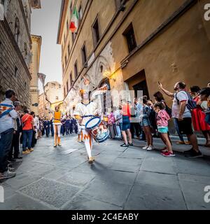 Corteo Storico. Men know as Contrada parading through Siena before the twice yearly Palio. Siena. Italy. Stock Photo