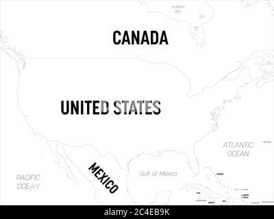 USA map. High detailed political map United States of America and neighboring countries with country, capital, ocean and sea names labeling. Stock Vector