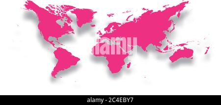 Map of World. Simple pink silhouette with dropped shadow isolated on white background. Vector illustration. Stock Vector