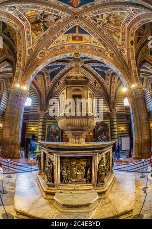 Baptistery ceiling frescoes and baptismal font. Siena Cathedral. Italy. Stock Photo