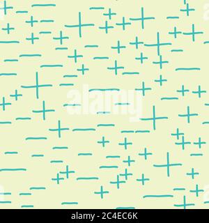 hand stitch blue marks on yellow background plu and minus vector seamless repeat pattern surface design Stock Vector