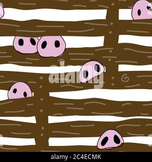 Pigs noses peeking through pigpen fencing seamless vector repeat pattern surface design Stock Vector