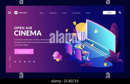 Couple at open-air cinema vector 3d isometric illustration in neon gradient color. Romantic outdoor dating in night city park theater. Man and woman Stock Vector