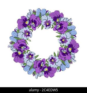 Hand drawn colorful pansy flowers circular wreath. Floral design element. Isolated on white background. Vector Stock Vector
