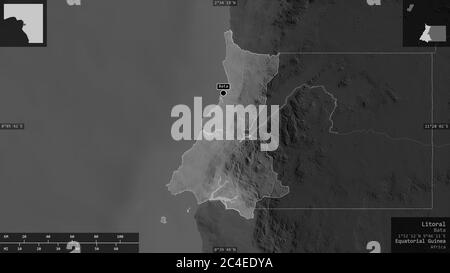 Litoral, province of Equatorial Guinea. Grayscaled map with lakes and rivers. Shape presented against its country area with informative overlays. 3D r Stock Photo