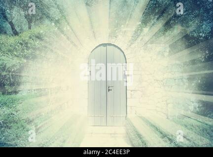 Mystic door in a dreamy rosegarden  with sunbeam Stock Photo