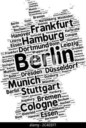 Word cloud in a shape of Germany contains large german cities. Black text on white background in positive slope, vector illustration Stock Vector