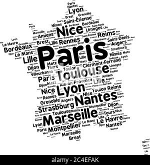 Word cloud in a shape of France contains large french cities. Black text on white background in positive slope, vector illustration Stock Vector