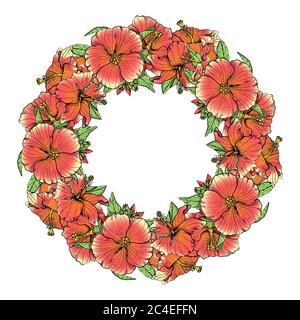 Hand drawn pink hibiscus flowers circular wreath. Floral design element. Isolated on white background. Vector Stock Vector