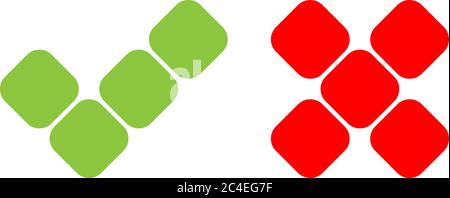 Check mark icons of squares. Green tick and red cross. Flat vector illustration isolated on white background. Stock Vector