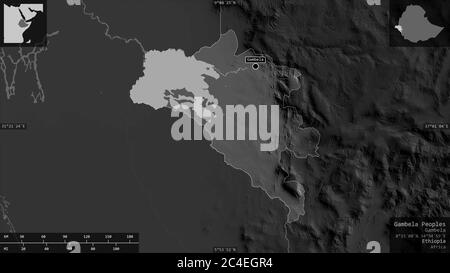 Gambela Peoples, state of Ethiopia. Grayscaled map with lakes and rivers. Shape presented against its country area with informative overlays. 3D rende Stock Photo