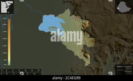 Gambela Peoples, state of Ethiopia. Colored shader data with lakes and rivers. Shape presented against its country area with informative overlays. 3D Stock Photo