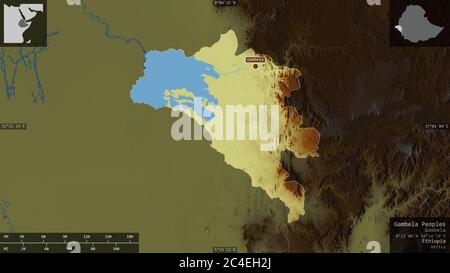 Gambela Peoples, state of Ethiopia. Colored relief with lakes and rivers. Shape presented against its country area with informative overlays. 3D rende Stock Photo