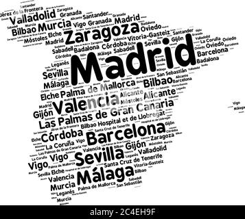 Word cloud in a shape of Spain contains large spanish cities. Black text on white background in positive slope, vector illustration Stock Vector