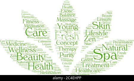 Green spa word cloud in a shape of lotus with wellness tags, vector illustration Stock Vector