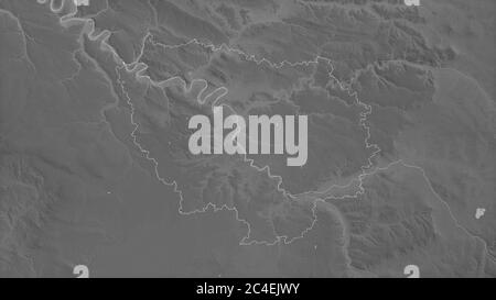 Île-de-France, region of France. Grayscaled map with lakes and rivers. Shape outlined against its country area. 3D rendering Stock Photo