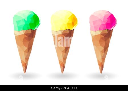 Low poly illustration of three sweet delicious yellow lemon ice creams against white background. Summer concept and empty copy space for Editor's text Stock Photo