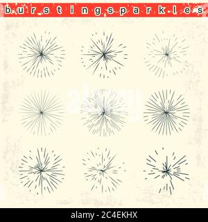 Set of circular vintage bursting sparkles on grunge background. Sunburst rays vector design. Stock Vector