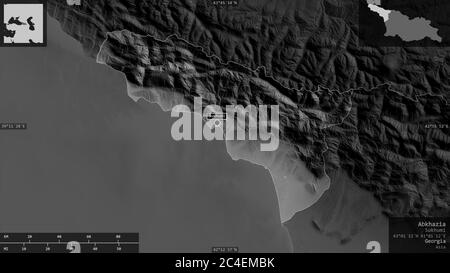 Abkhazia, autonomous republic of Georgia. Grayscaled map with lakes and rivers. Shape presented against its country area with informative overlays. 3D Stock Photo