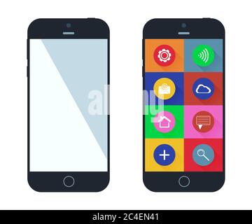 Smartphone with app icons. Mobile phone flat design. Smart phones vector illustration. Stock Vector