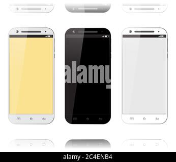Mobile phone smartphone set. Mockups design. Smart phone isolated with blank screen on white background. Vector illustration. Stock Vector