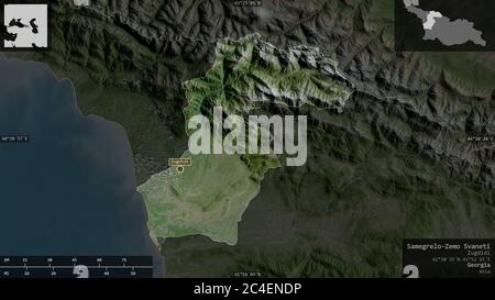 Samegrelo-Zemo Svaneti, region of Georgia. Satellite imagery. Shape presented against its country area with informative overlays. 3D rendering Stock Photo