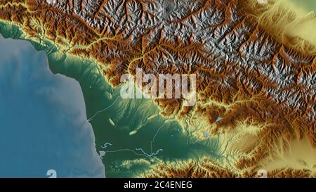 Samegrelo-Zemo Svaneti, region of Georgia. Colored relief with lakes and rivers. Shape outlined against its country area. 3D rendering Stock Photo