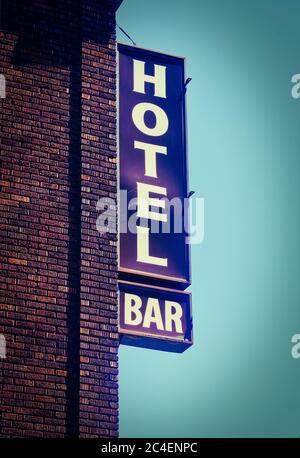 Montreal,Quebec,Canada,June 22, 2020.Seedy hotel and bar sign in downtown Montreal.Credit:Mario Beauregard/Alamy News Stock Photo