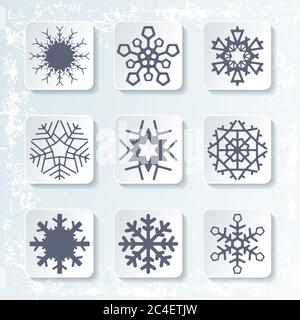 Set of 9 various snowflake winter icons. Silhouette design. Rime background. Vector illustration. Stock Vector