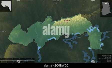 North East, region of Ghana. Colored relief with lakes and rivers. Shape presented against its country area with informative overlays. 3D rendering Stock Photo