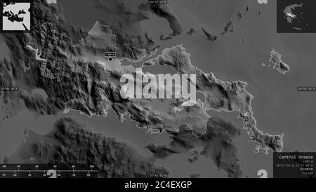 Central Greece, decentralized administration of Greece. Grayscaled map with lakes and rivers. Shape presented against its country area with informativ Stock Photo