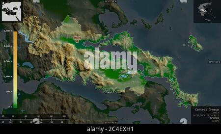 Central Greece, decentralized administration of Greece. Colored shader data with lakes and rivers. Shape presented against its country area with infor Stock Photo