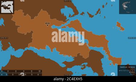 Central Greece, decentralized administration of Greece. Patterned solids with lakes and rivers. Shape presented against its country area with informat Stock Photo