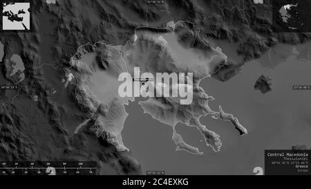 Central Macedonia, decentralized administration of Greece. Grayscaled map with lakes and rivers. Shape presented against its country area with informa Stock Photo
