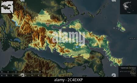 Central Greece, decentralized administration of Greece. Colored relief with lakes and rivers. Shape presented against its country area with informativ Stock Photo