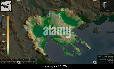 Central Macedonia, decentralized administration of Greece. Colored shader data with lakes and rivers. Shape presented against its country area with in Stock Photo