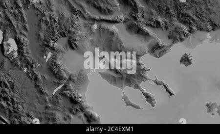 Central Macedonia, decentralized administration of Greece. Grayscaled map with lakes and rivers. Shape outlined against its country area. 3D rendering Stock Photo